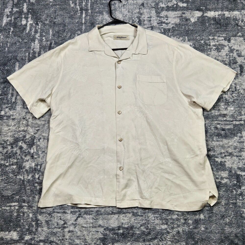 Tommy Bahama Shirt Mens XL Beige 100% Silk Short Sleeve Button Up Floral Camp